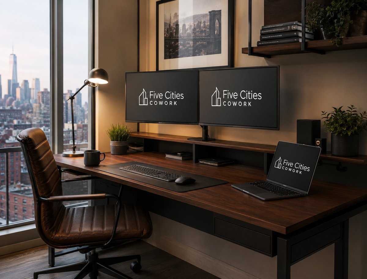 Modern office workspace with dual monitors displaying Five Cities Cowork branding, wooden desk, brown leather chair, and cityscape views through large windows